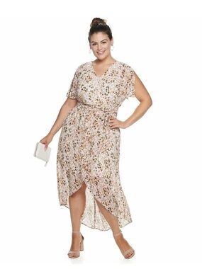 EVRI Faux Wrap Leopard Animal Print Maxi Hi Lo Flutter Sleeves Dress Plus 2X
